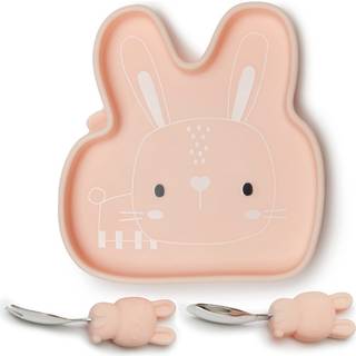 Loulou Lollipop Toddler Silicone Sugtion Snack Plate Learning Fork and Spoon Set (Bunny)