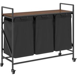 vasketøjskurv 3 rum med hjul brun egetræsfarve