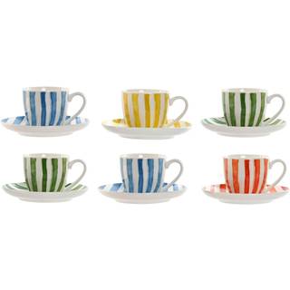 Sæt med 6 kopper og underkopper Home ESPRIT Gul Blå Grøn Koral Porcelæn Striber Middelhavet 90 ml