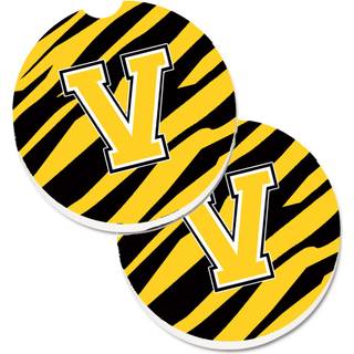"""" Caroline's Treasures Monogram Initial V Tiger Stripe - Black Gold Set med 2 Cup Holder Car Coasters CJ1026 -VCARC 2.56 multicolor """"