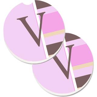 """" Caroline's Treasures Letter V Initial Monogram - Pink Stripes Set med 2 Cup Holder Car Coasters CJ1005 -VCARC 2.56 multicolor """"