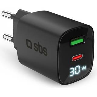 SBS - 30W - LCD Vægoplader - 1x USB-A & 1x USB-C - Sort