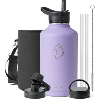 BUZIO 64 oz vandflaske isoleret med suger?r & 3 l?g og b?repose L?kagesikker halv gallon rustfrit st?l vandkolbekande kold i 48 timer dobbelt vak