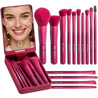 BS-MALL Rejse Makeup Brste St Foundation Powder Concealers jenskygger Makeup St med LED lys Spejl 14 Stk (HotPink)