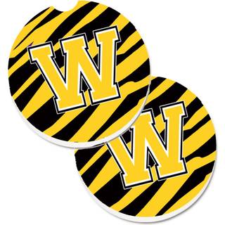 """" Caroline's Treasures Monogram Initial W Tiger Stripe - Black Gold Set med 2 Cup Holder Car Coasters CJ1026 -WCARC 2.56 Multicolor """"