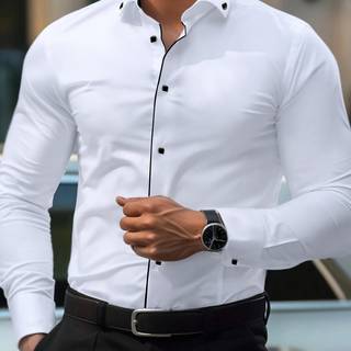 TEMU Men's Slim Fit White Dress Shirt With Unique Button Details - Classic Retro Style, Machine Washable, Long Sleeve, Form-fitting Or Formal Occasions, Apparel | Nontransparent Fabric