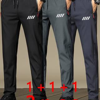 TEMU 3pcs Men's Athletic Joggers With Zipper Pockets, Stylish Printed Design, Breathable Lightweight Fabric For Summer Sports And Casual Wear, Perfect Gift Idea, Modern Athletic Pants, Practical