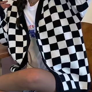 TEMU Long Sleeve Cardigan For Women, New Autumn And Winter Plaid Loose Fit Versatile Retro Sweater