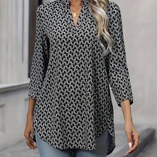 TEMU Geo Print Notch Neck Blouse, Casual 3/4 Sleeve Blouse For Spring & Fall, Women's Clothing