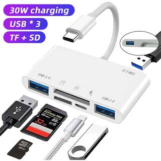 NÖRDIC USB-C Kortlæser med 2 slot SD, MicroSD, 3xUSB-A, 1xUSB-C Opladning 30W UHS-I