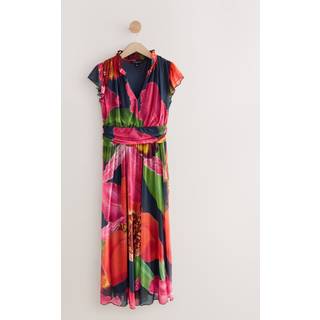 Next Kew Collection Navy Floral Pleated Mesh Print V-Neck Occasion Midi Dress