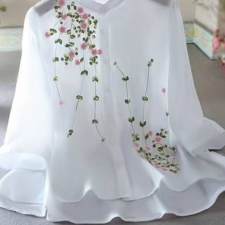 TEMU Floral Embroidery Button Front Blouse, Casual 3/4 Sleeve Chiffon Blouse For , Women's Clothing