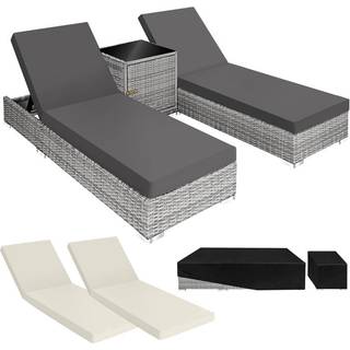 Sæt med liggestole + bord i polyrattan/aluminium - lysegrå