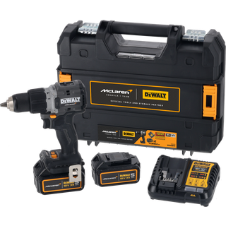 Dewalt DCD85MP2T-QW 18V XR Slagbore-/skruemaskine med 2 stk. 5,0Ah batteri, lader og TSTAK – McLaren Edition