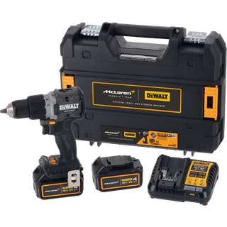 Dewalt DCD85MM2T-QW 18V XR Slagbore-/skruemaskine med 2 stk. 4,0Ah batteri, lader og TSTAK – McLaren Edition