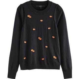 Next Black Orange Pumpkin Print Crew Neck Long Sleeve Embroidered Jumper