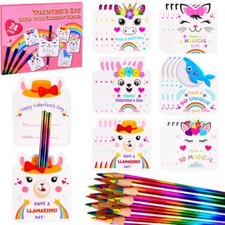 Digi Marker Valentines kort til b?rneklasse- 24 pakker regnbue blyanter med dyrekort s?t Valentine Party favoriserer for drenge piger b?rn udveks