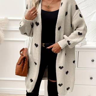 TEMU Heart Pattern Open Front Knitted Cardigan, Casual Long Sleeve Drop Shoulder Cardigan For Winter & Fall, Women's Clothing