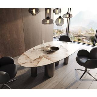 Esstisch Edge Oval 220x120 Keramik Iris FMG Patagonia Lappato Pilier Edelstahl Graphit - Weiß-Braun-Gold