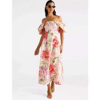Forever New Forever New Cream Janie Off Shoulder Contains Linen Midi Dress - EU 36 (UK 8)