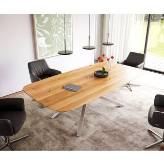 Esstisch Edge Boot 240x120x2,5-3 Eiche Natur Kreuzgestell Rechteck Edelstahl Schweizer Kante