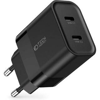 Tech-Protect 20W Vægoplader m. 2 x USB-C - Sort