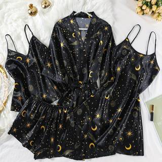 TEMU 4pcs Elegant Women's Pajama Set With Star And Moon Print V-neck Camisole, Shorts, And Thin Shoulder Straps Sleepwear For All