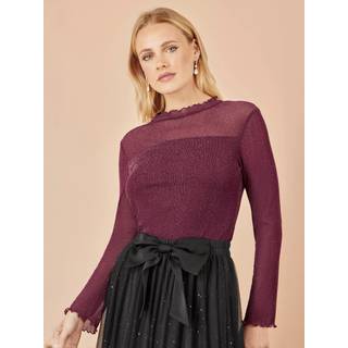 Yumi Yumi Red Shimmer Print Mesh Stretch Fitted Top