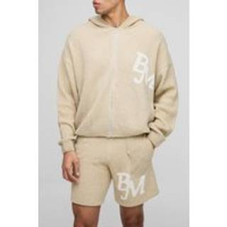 Mens Stone Boxy Fit Boucle BM Knitted Zip Through Hoodie and Shorts Set