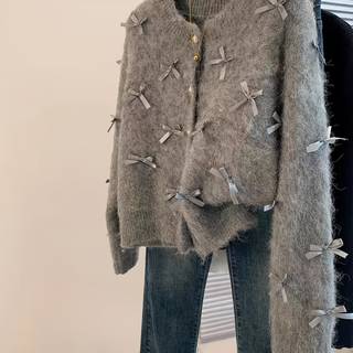 TEMU Women's Cozy Gray Cardigan With Bow Details - Soft, Long Sleeve, Button-up Sweater For Fall & Winter, Perfect For Casual Or Stylish Outfits, Sweater Cardigan