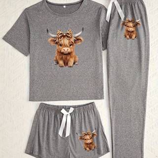 TEMU Three-piece Cartoon Highland Cow Print Pajama Set For Women