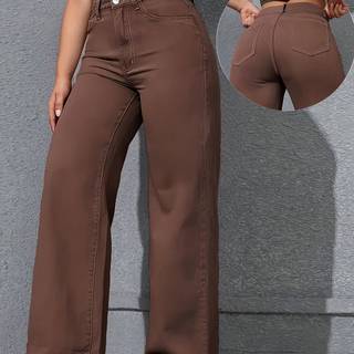 TEMU Women's Vintage Straight-leg Jeans - Brown, Casual Wide-leg Pants With Button Closure, Comfortable Wear, Casual Attire|vintage Style| Stretch Fabric