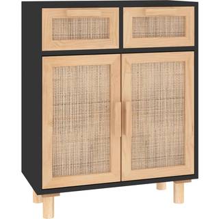 Skænk 60X30X75 Cm Massivt Fyrretræ Og Naturlig Rattan - Sort