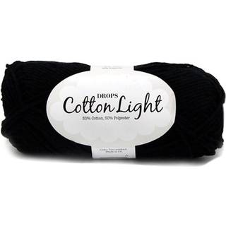 DROPS Cotton Light 20 Sort (Uni Colour) Indhold: 50% Bomuld, 50% Polyester Garngruppe: B (20 - 22 masker) / 8 ply / DK / worsted Vægt/længde: 50 g = ca. 105 meter Anbefalede pinde: 4 mm Strikkefasthed: 10 x 10 cm = 21 m x 28 p Finvask 40º / Tørres fladt.