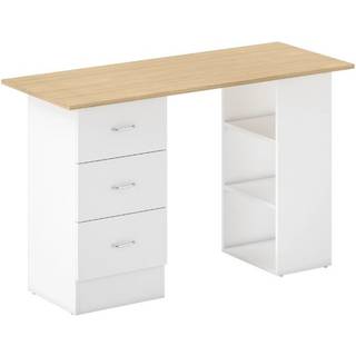 HOMCOM Computer Desk, Writing Table, PC Workstation with 3 Storage Shelves and Drawers, Silver Handle, for Home Office, Natural Wood Finish and White