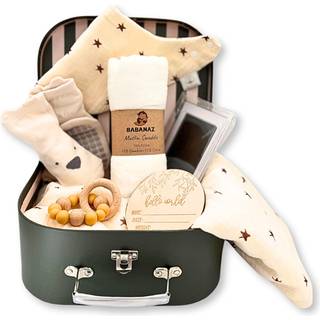 Baby gave sæt dreng eller pige - baby shower kurv kuffert med stort plys tæppe muslin swaddle naturlig teether træ fødselsrekord hånd & fod print