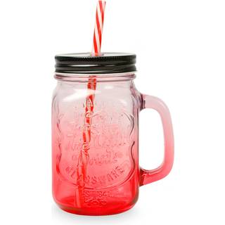 Drikkeglas med låg og sugerør 450 ml. rød