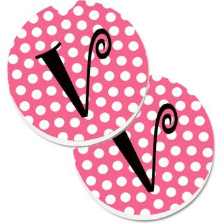 """" Caroline's Treasures Letter v Monogram - Pink Black Polka Dots Set med 2 Cup Holder Car Coasters CJ1001 -VCARC 2.56 multicolor """"