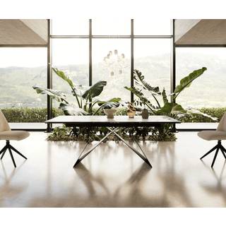 Esstisch Edge 200-300x100 Keramik Calacatta Luxe Weiß-Gold-Grau V-Gestell Flachstahl Schwarz ausziehbar