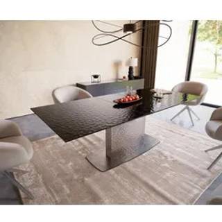 Esstisch Edge 180-220x100 Reliefglas Rauchschwarz 3D-Design Wave Edelstahl ausziehbar - Schwarz