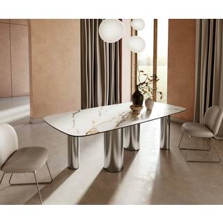 Esstisch Edge Boot 240x120cm Keramik Calacatta Luxe Weiß-Gold-Grau Pilier Edelstahl