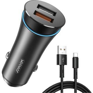 Joyroom 30W Dual-Port biloplader QC3.0 med USB-A til USB-C-kabel – Sort