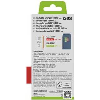 20W LCD PowerBank m. 1x USB-A & 1x USB-C - SBS - 10.000 mAh - Indbygget USB-C Kabel - Blå