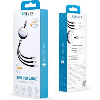 Forever 3in1 USB-kabel, USB til Lightning + 2xUSB-C 1,2 m 100W - Svart
