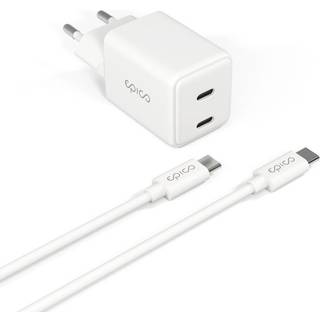 Epico UltraBoost GaN 35W Vægoplader - 1.2m USB-C til USB-C Kabel - 2x USB-C - Hvid