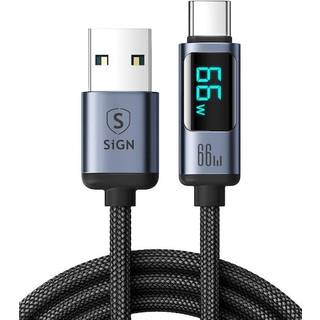 SiGN Prism Series 66W USB-A til USB-C-kabel med skjold, 1,2 m - Sort