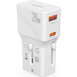 4smarts World Rejseadapter m. 1 x USB-A & 1 x USB-C - Hvid