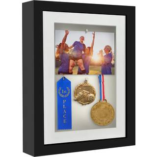 AmericanFlat 8x10 Shadow Box Frame i sort med 6x8 Mat og bl?dt linned ryg - Stor skyggeboksramme med konstrueret tr? og knust -resistent glas til