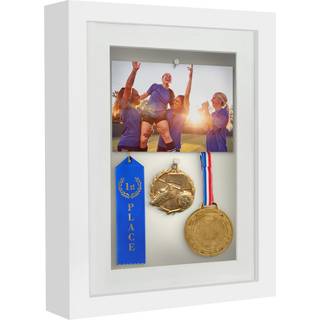 AmericanFlat 8x10 Shadow Box Frame i hvidt med 6x8 Mat og bl?dt linned ryg - Stor skyggeboksramme med konstrueret tr? og knust -resistent glas ti