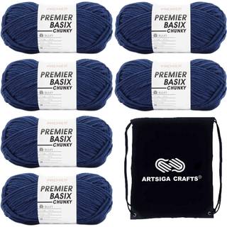 Premier Yarns Basix Chunky Navy 1145-27 (6-SKEINS-Samme farvestof) Chunky voluminøs #5 akrylgarn til hækling og strikning med projektpose